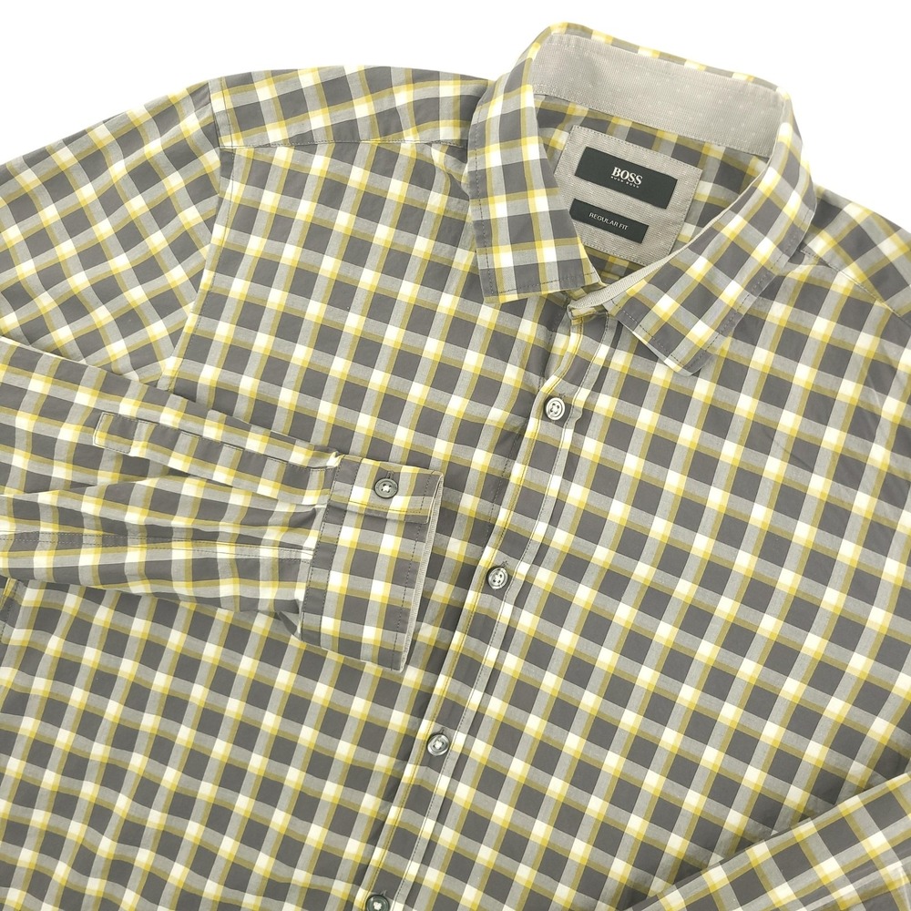 Boss Shirt Mens M Gray Yellow Check Long Sleeve Button Up Regular Fit Casual